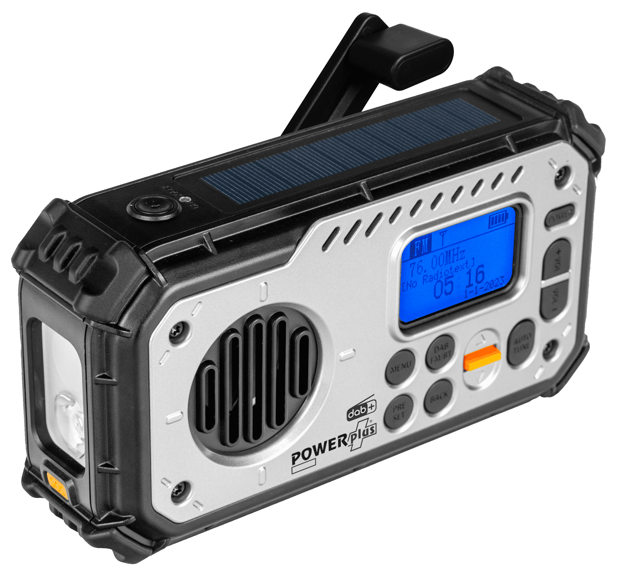 POWERplus Bison USB radio ar saules bateriju un dinamo DAB+ FM | Bluetooth skaļrunis | LED kabatas lukturis | Ārējais akumulators | SOS trauksmes signāls | Pulkstenis | Avārijas radio - Image 2