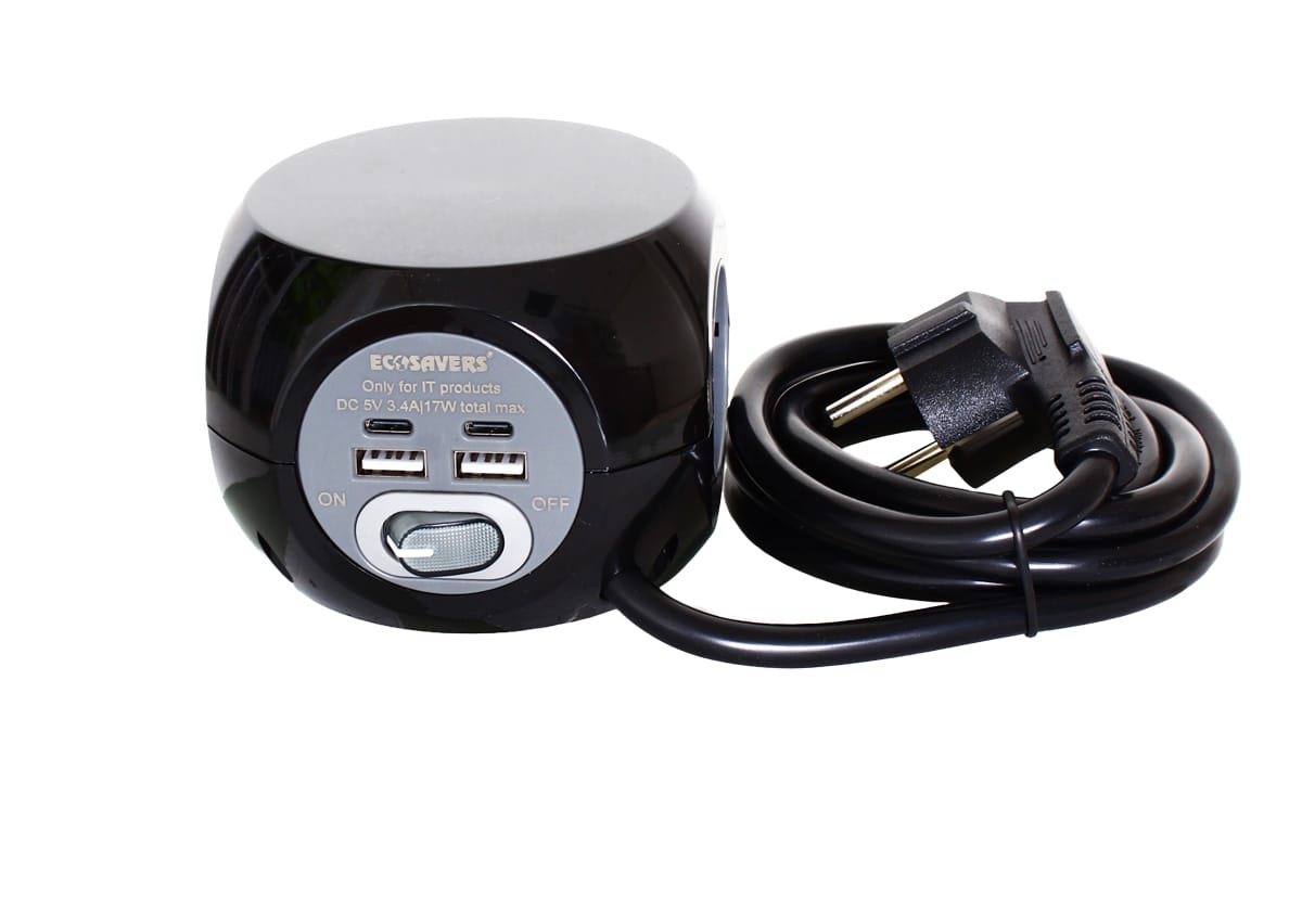 EcoSavers Cube dizaina pagarinātājs ar 3 AC 220V ligzdām | 2 USB-A izejām | 2 USB-C izejām - Image 2