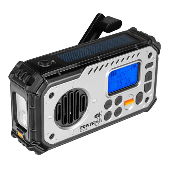 POWERplus Bison USB radio ar saules bateriju un dinamo DAB+ FM | Bluetooth skaļrunis | LED kabatas lukturis | Ārējais akumulators | SOS trauksmes signāls | Pulkstenis | Avārijas radio