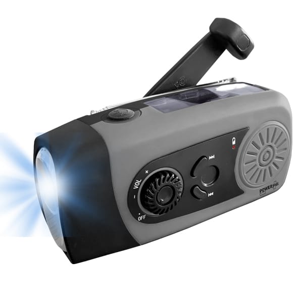 POWERplus Coyote | Dinamo un ar saules bateriju darbināms USB FM skenēšanas radio, avārijas radio, kempinga radio | LED kabatas lukturis | Ārējais akumulators 2.500 mAh