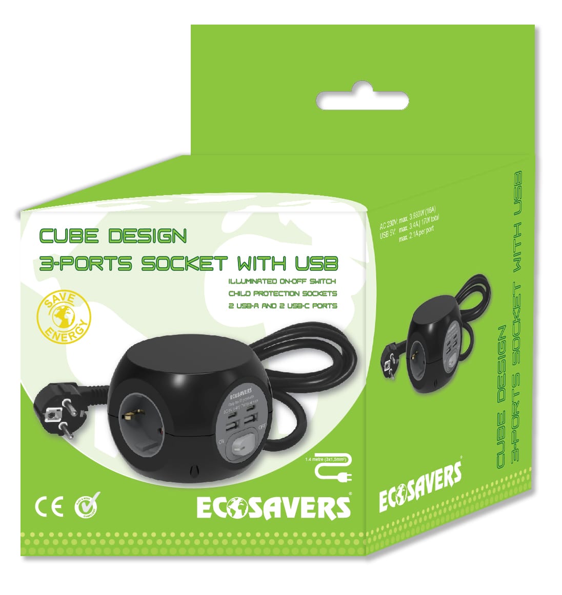 EcoSavers Cube dizaina pagarinātājs ar 3 AC 220V ligzdām | 2 USB-A izejām | 2 USB-C izejām - Image 8
