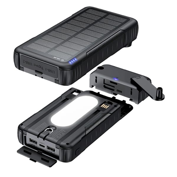 POWERplus Rhebock ārējais akumulators (powerbank) ar saules bateriju un dinamo, 10 000 mAh, ar unikālu noņemamu dinamo ģeneratoru – uzlāde caur USB, sauli un dinamo