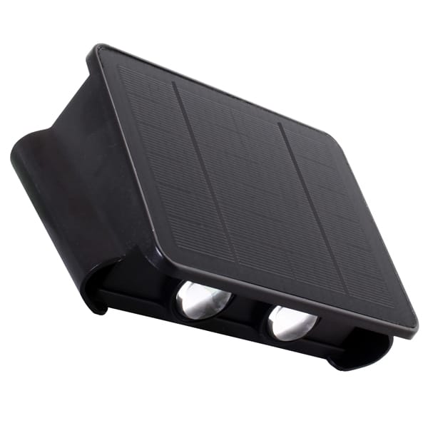 POWERplus Weasel ar saules bateriju aprīkots 4 LED augšup un lejup vērsts āra sienas gaismeklis, silti balts